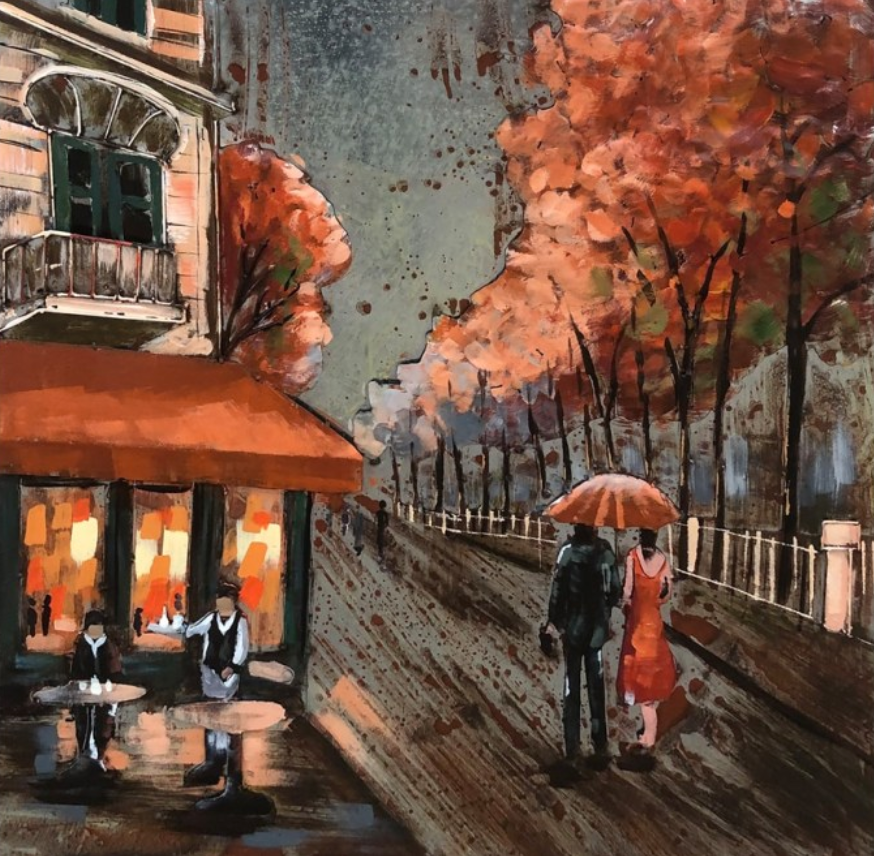 Artistic depiction of a couple walking with an umbrella on a street with autumn trees and a cafe.