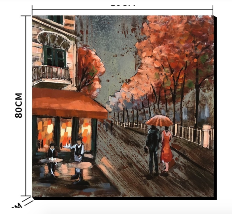 Painting of a street scene with a couple under an umbrella, a cafe, and autumn trees.