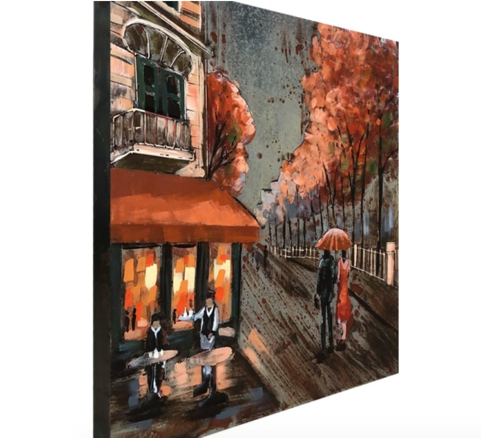 Painting of a street scene with a cafe and people under an umbrella.