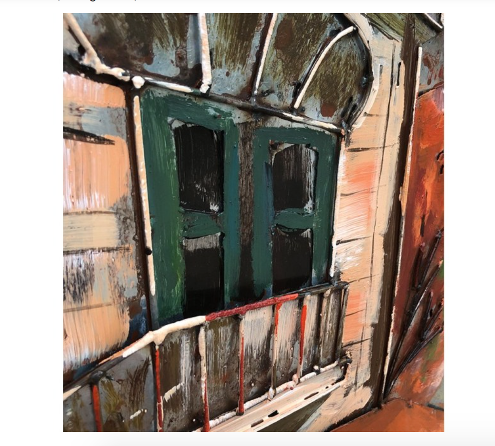 Artistic depiction of a window with a green frame on a textured wall.