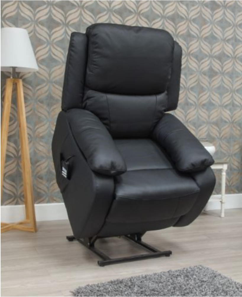 Black leather recliner chair in a room with patterned wallpaper.