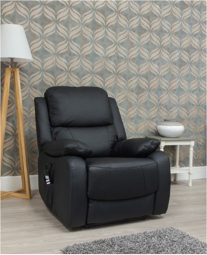 Black leather recliner chair in a room with patterned wallpaper and a lamp.