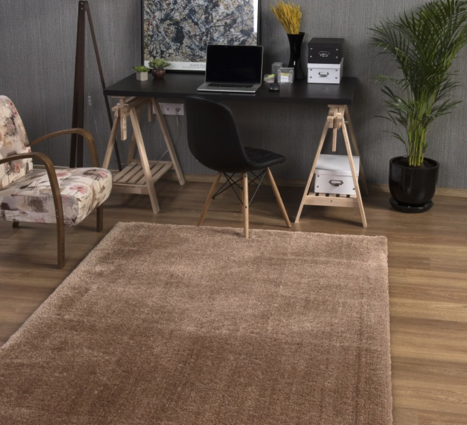 Home office with a desk, chair, laptop, and decorative items on a brown rug.