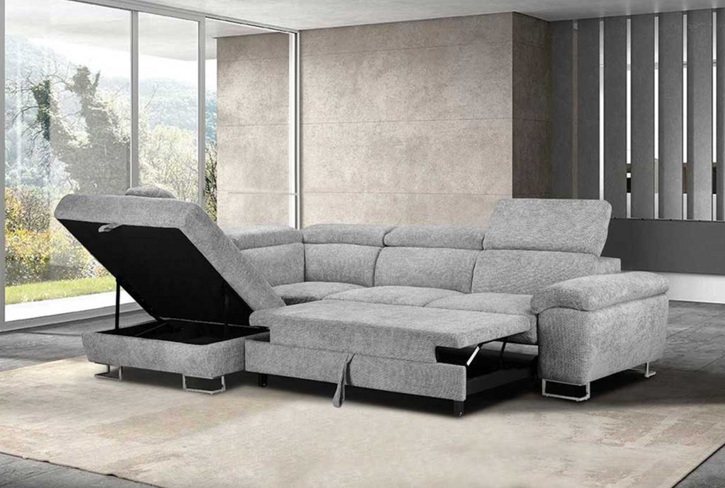 Gray sectional sofa with storage drawers in a modern living room.