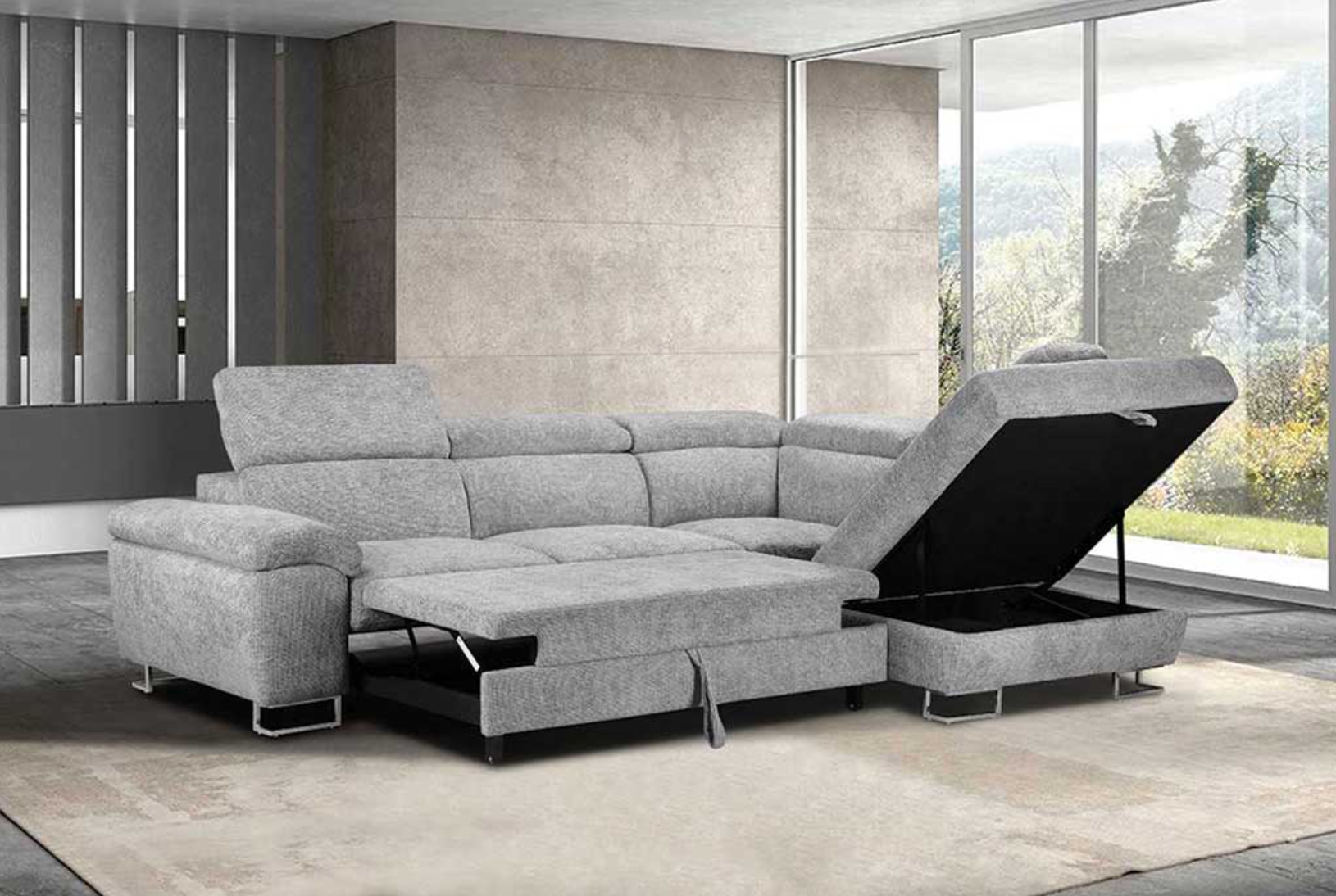 Gray sectional sofa with reclining and storage features in a modern living room.