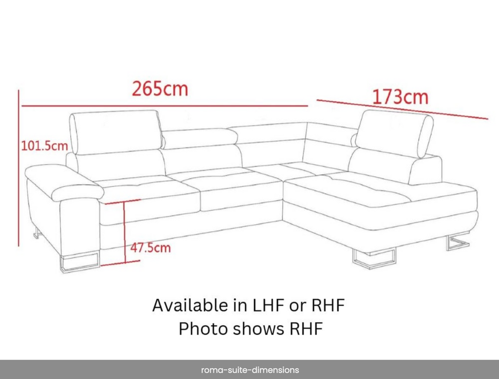 Diagram of a sectional sofa with dimensions labeled on a white background