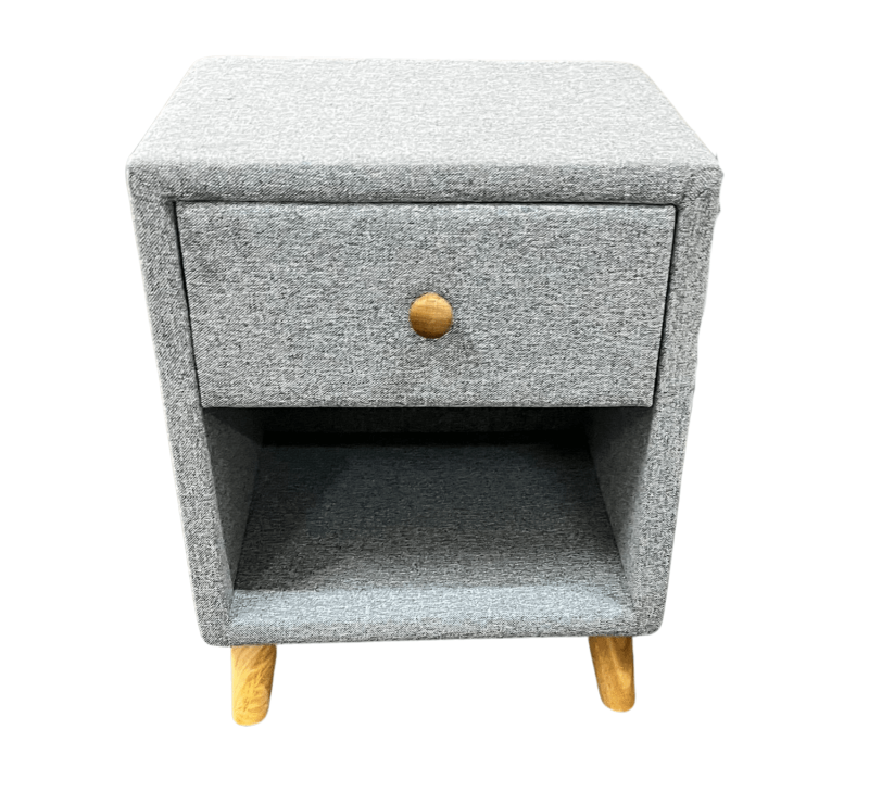 Grey textured nightstand with a drawer and wooden legs on a white background