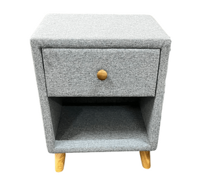 Grey textured nightstand with a drawer and wooden legs on a white background