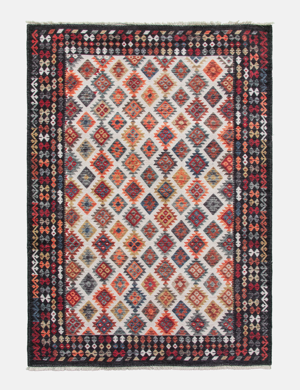 Decorative rug with geometric pattern on a plain background