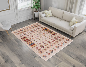 Patterned rug in living room.