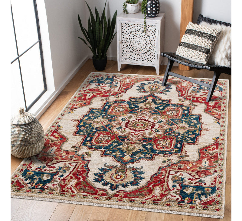Decorative rug with intricate patterns in a room with a chair, plant, and side table.