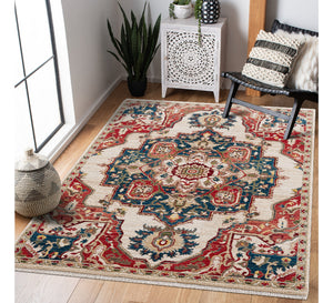 Decorative rug with intricate patterns in a room with a chair, plant, and side table.