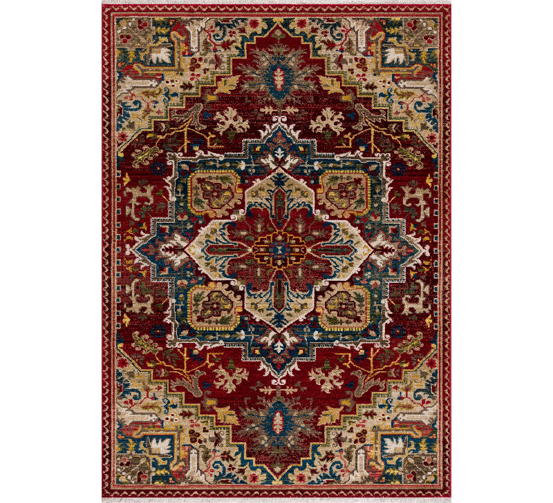 Decorative rug with intricate patterns on a white background