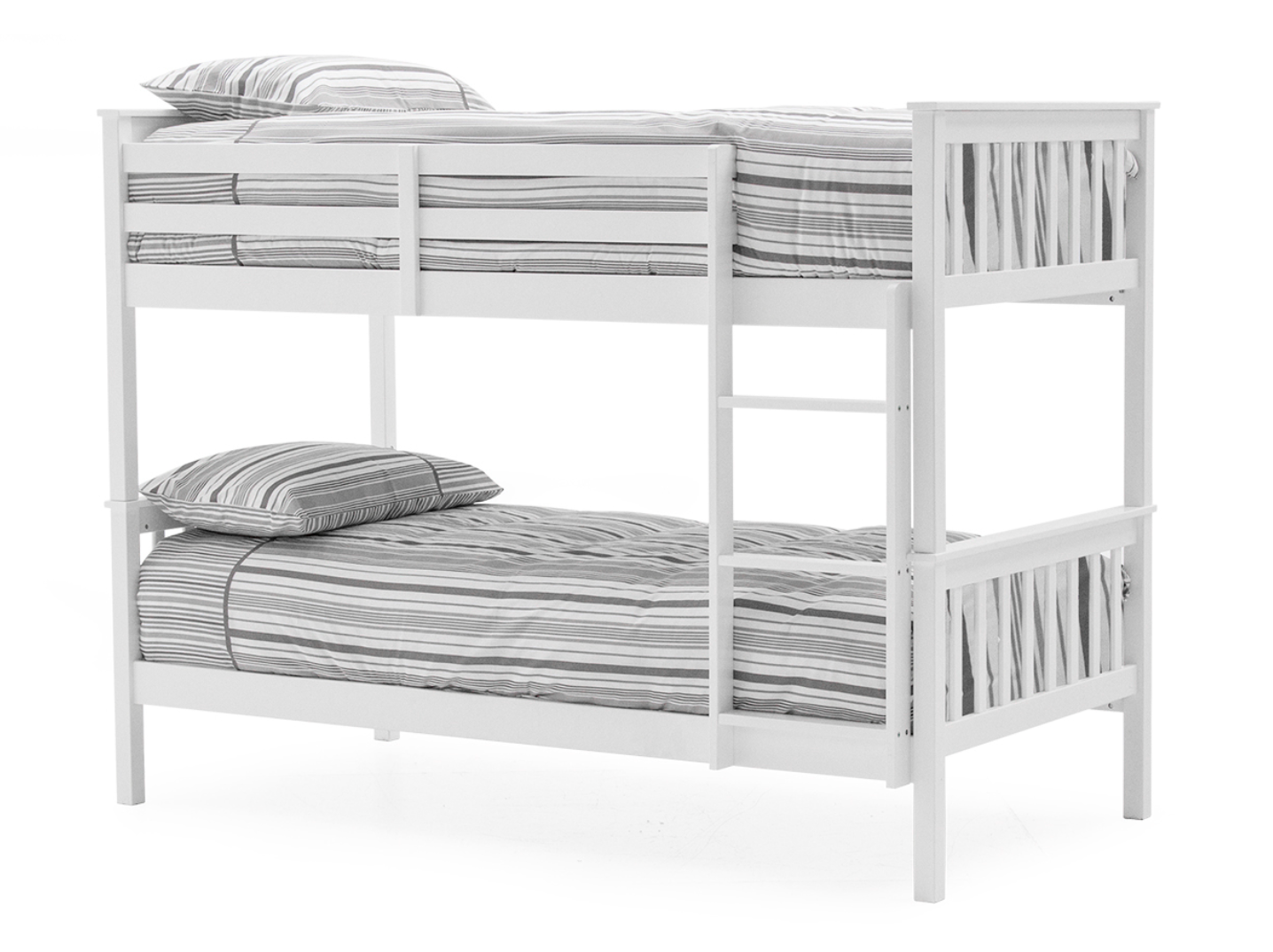 White bunk bed with striped bedding on a white background