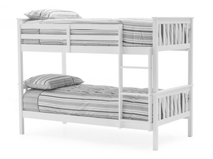 White bunk bed with striped bedding on a white background