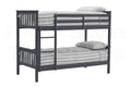 Grey single bunk bed with striped pattern on the headboard and footboard, designed for kids' rooms.