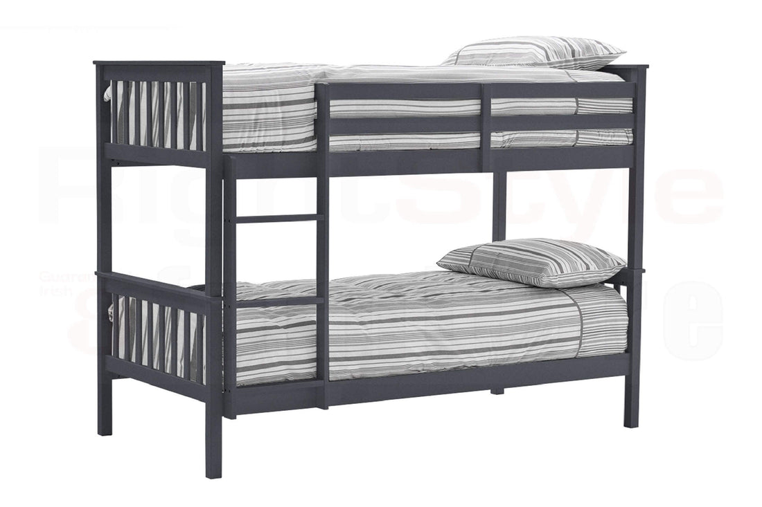 Grey single bunk bed with striped pattern on the headboard and footboard, designed for kids' rooms.