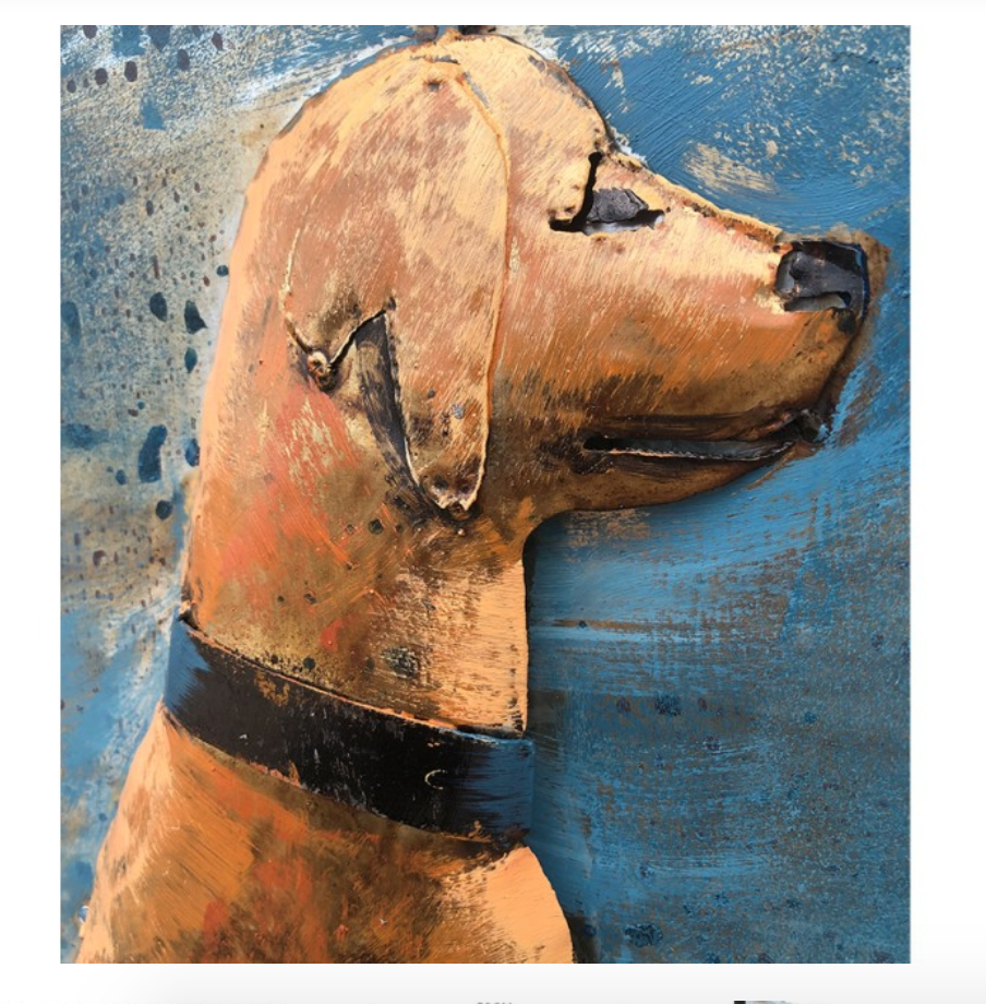 Artistic depiction of a dog's head on a textured blue background