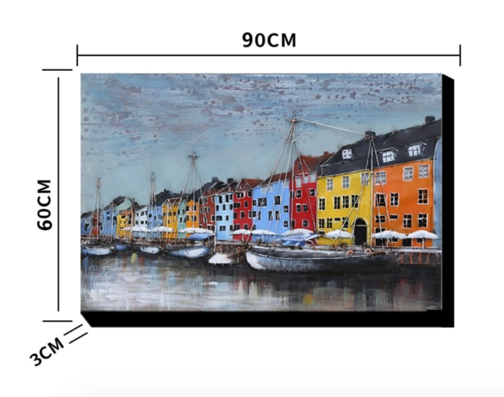 Painting of colorful buildings by a waterfront with dimensions indicated.