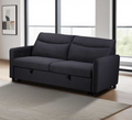 Black sofa bed in a room with large windows
