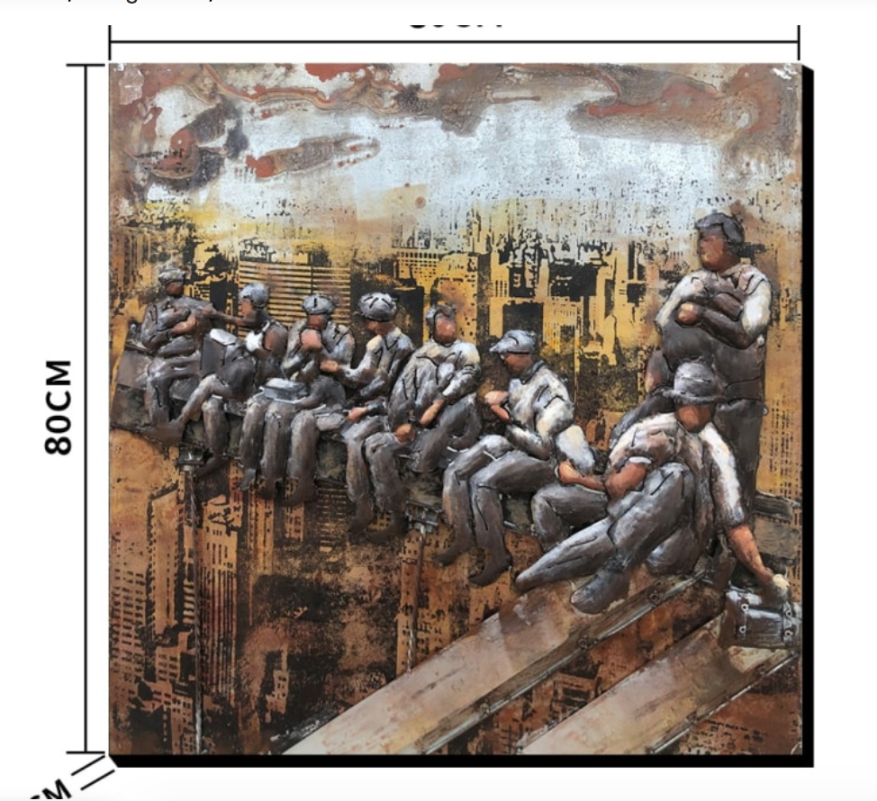 Artistic depiction of workers on a rooftop with a cityscape background, featuring dimensions.