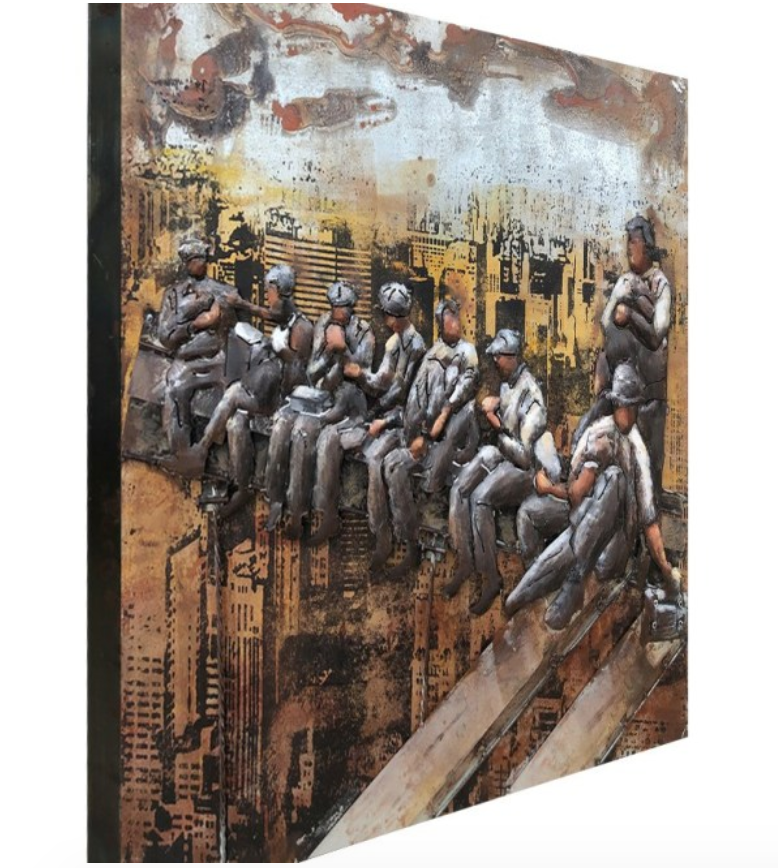 Artistic depiction of people sitting on a ledge with a cityscape background