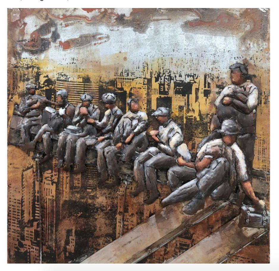 Artistic depiction of people sitting on a ledge with a cityscape background