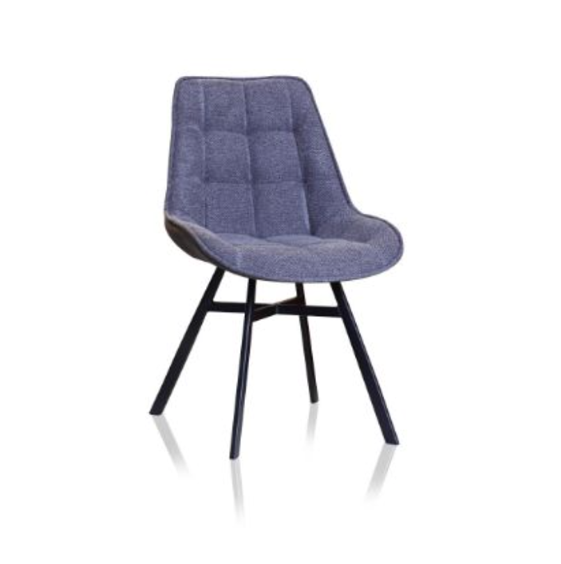 Blue upholstered chair with black metal legs on a white background