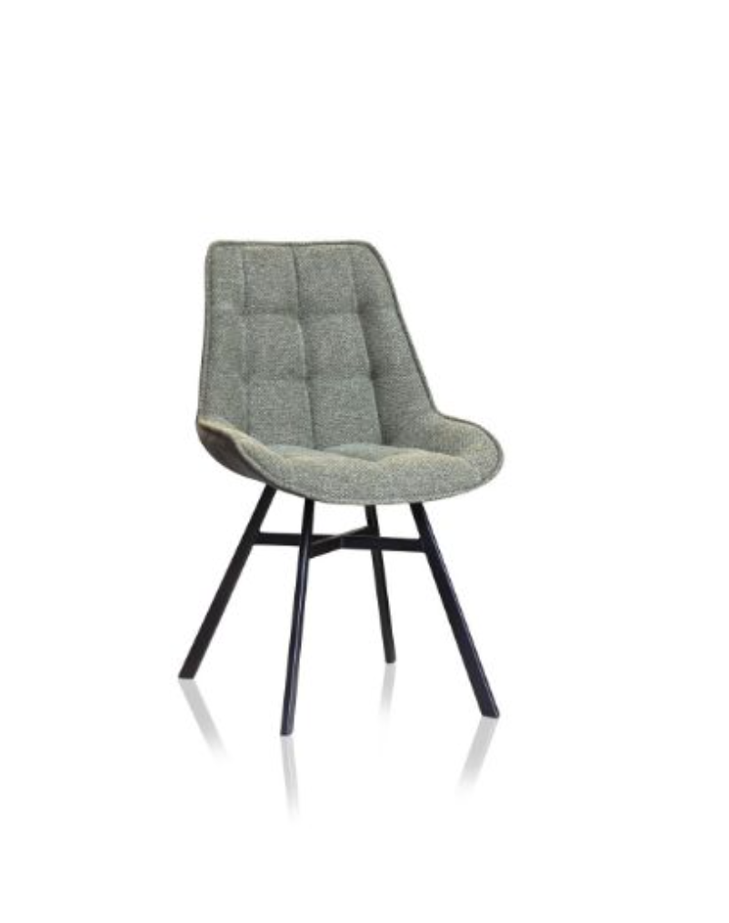 Gray upholstered chair with black metal legs on a white background