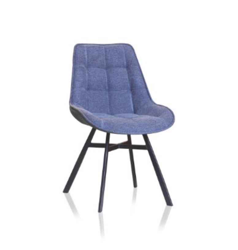 Blue upholstered chair with black metal legs on a white background