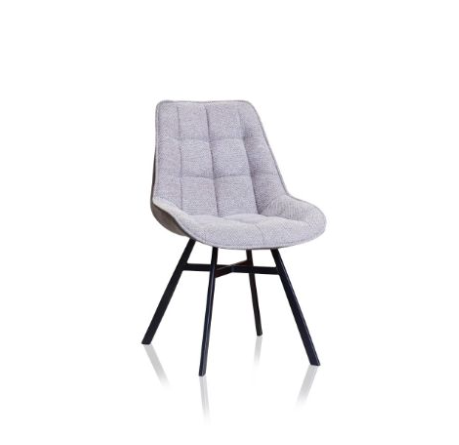 Gray upholstered chair with black metal legs on a white background