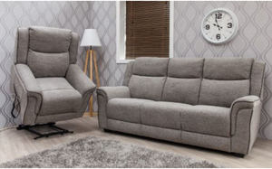 Gray sofa set with recliner in a living room setting.