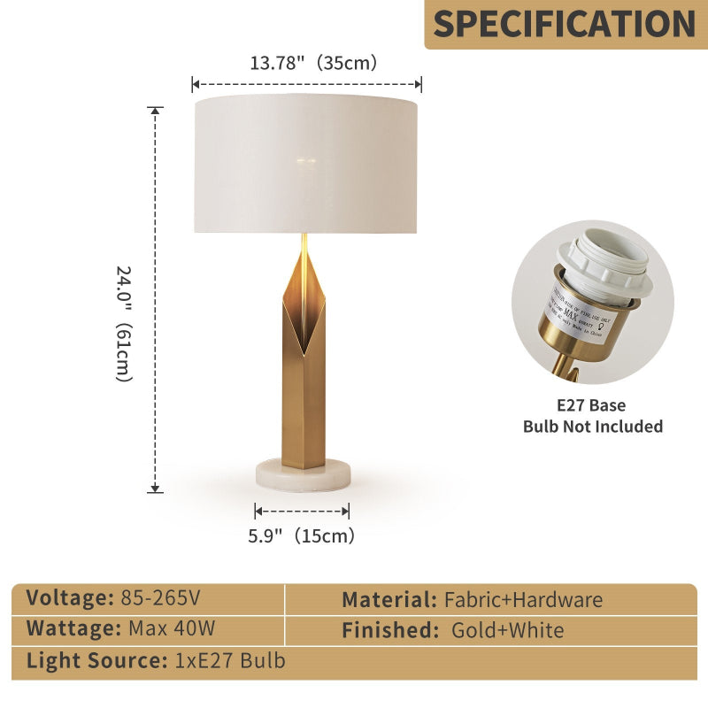 Table lamp with dimensions, material details, and bulb information on a beige background