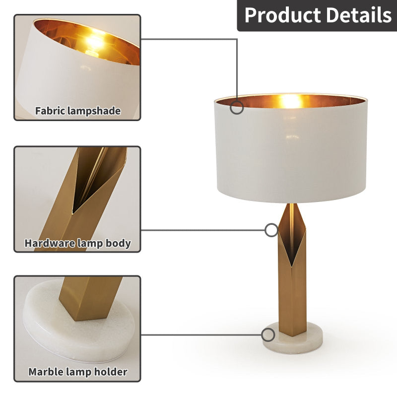 Lamp with fabric lampshade, hardware lamp body, and marble lamp holder on a white background.
