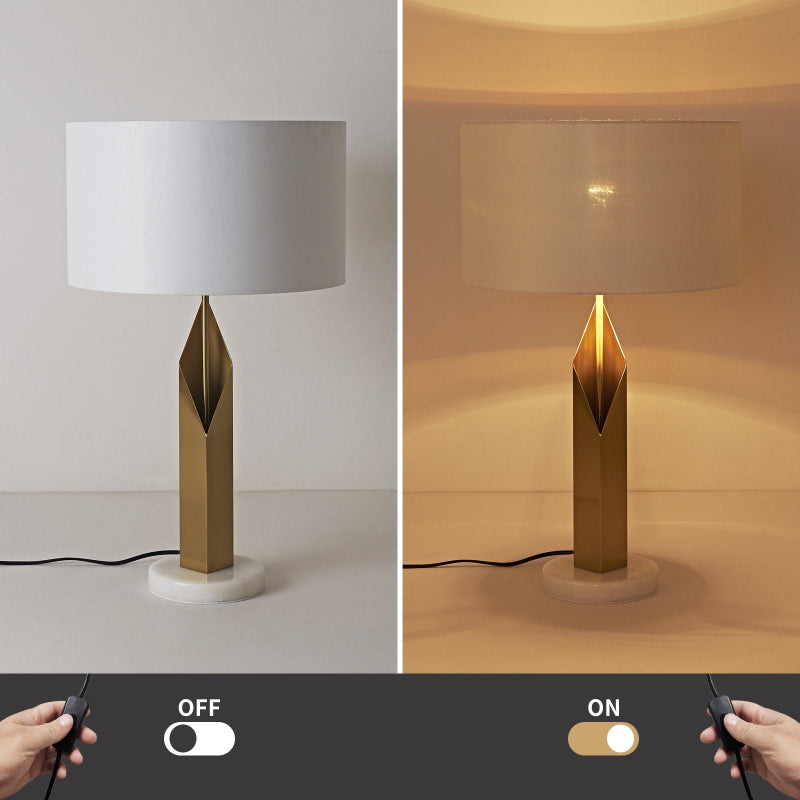 Table lamp with geometric base on a plain background, showing 'OFF' and 'ON' states.
