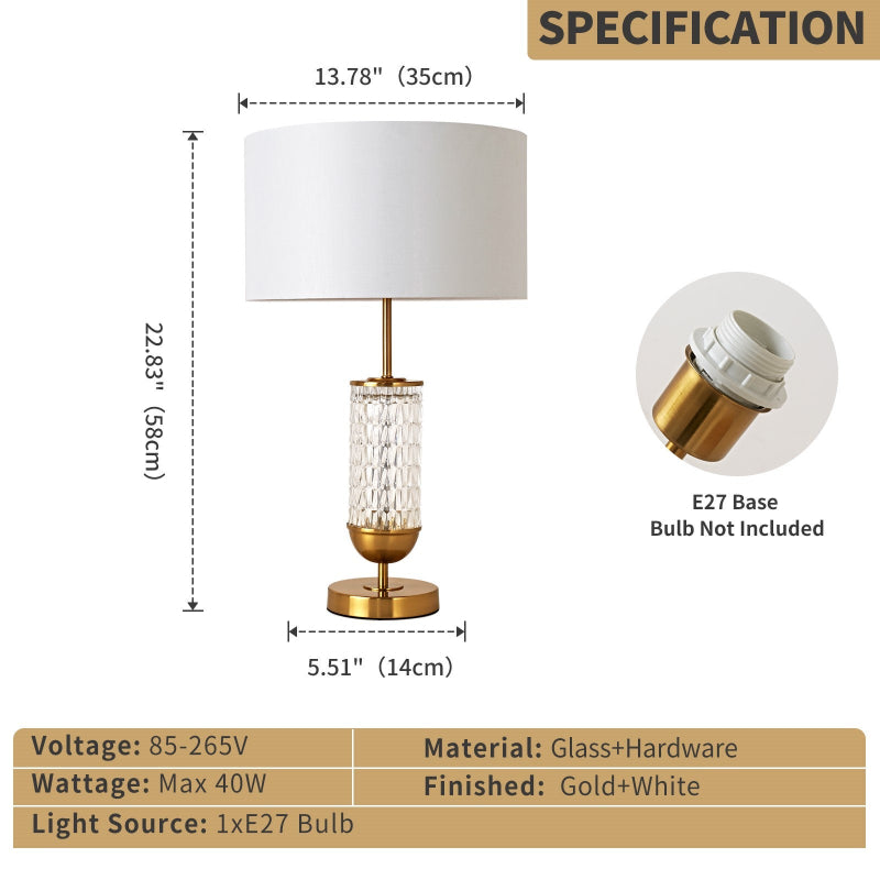 Table lamp with dimensions and specifications on a beige background