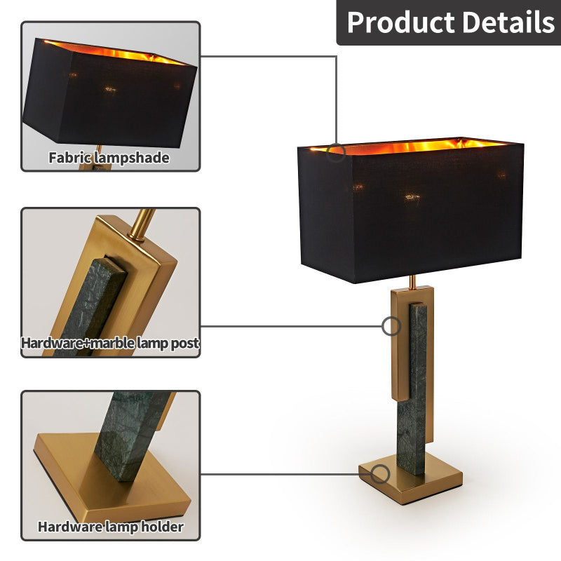 Table lamp with fabric lampshade, marble post, and gold holder on a white background