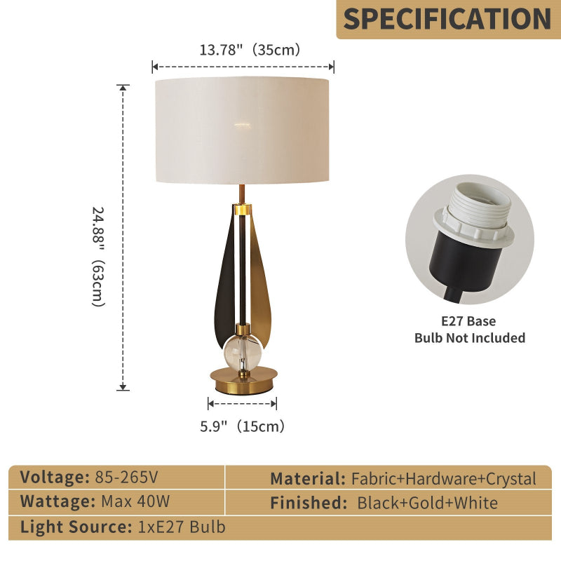 Table lamp with dimensions, bulb base details, and specifications on a white background