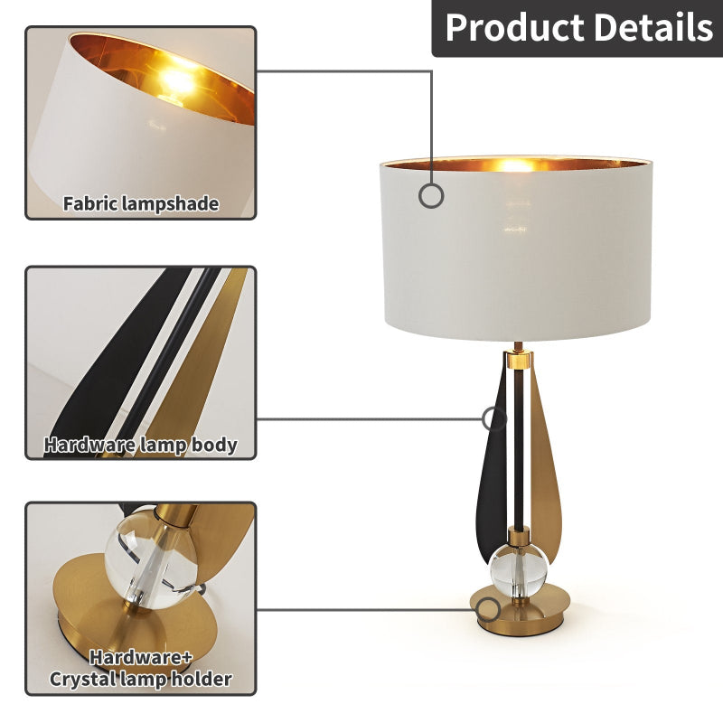 Table lamp with fabric lampshade, hardware body, and crystal holder on a white background.
