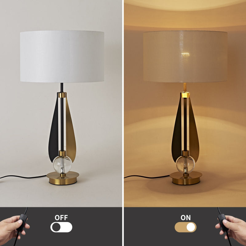 Table lamp with white shade and gold base, shown off and on.