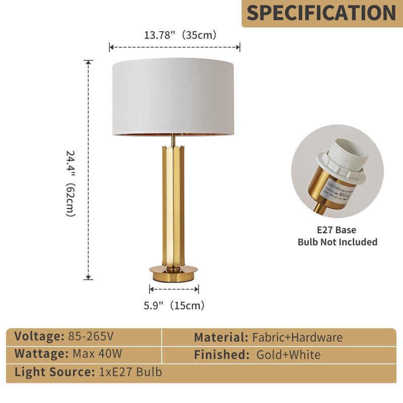 Table lamp with dimensions, bulb information, and specifications on a white background