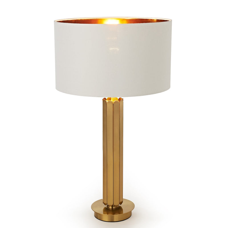 Table lamp with white shade and gold base on a white background
