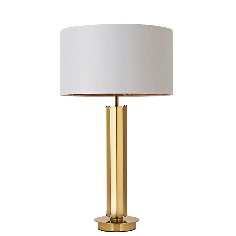Table lamp with a white shade and gold base on a white background