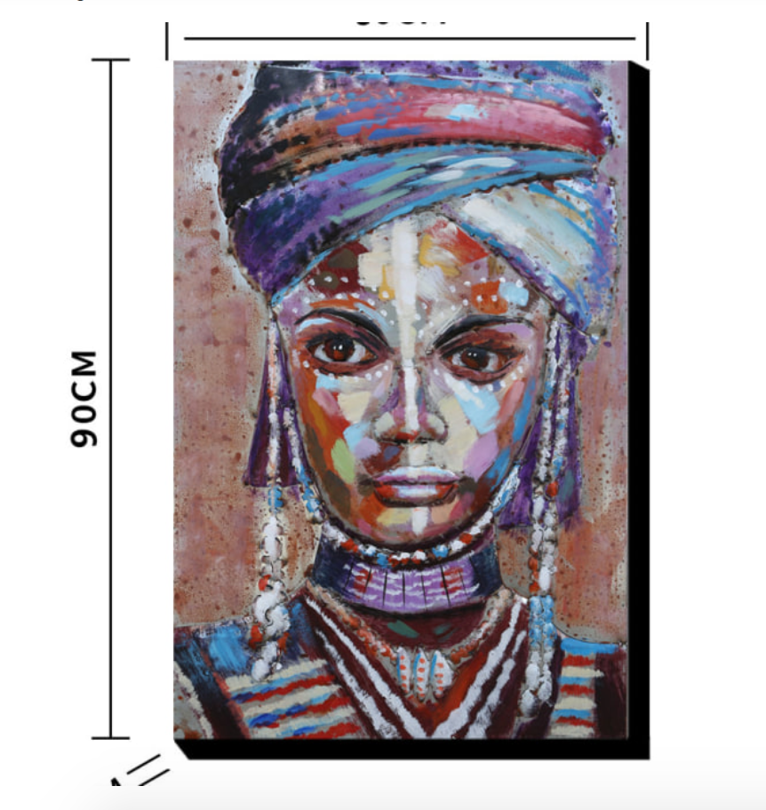 Painting of a person with a colorful headscarf and jewelry, with dimensions indicated.