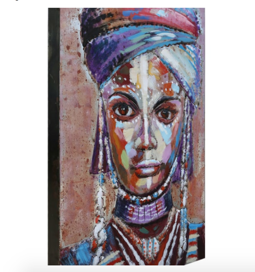 Artistic depiction of a person with colorful headgear and jewelry on a textured background