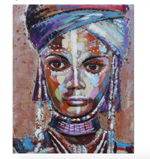 Colorful portrait painting of a person with a headscarf and jewelry on a textured background