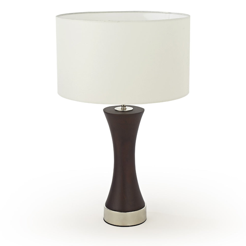 Table lamp with a white shade and dark brown base on a white background