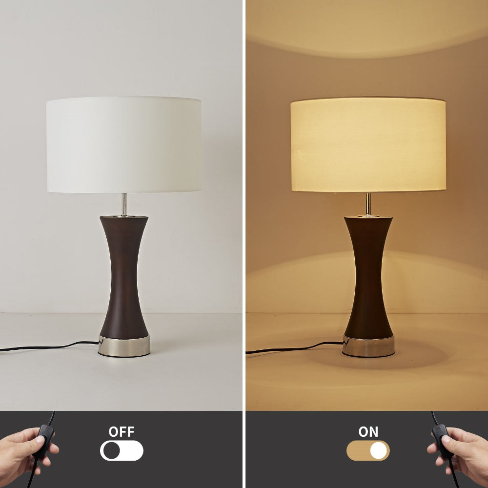 Table lamp with white and yellow shades, showing 'Off' and 'On' states.