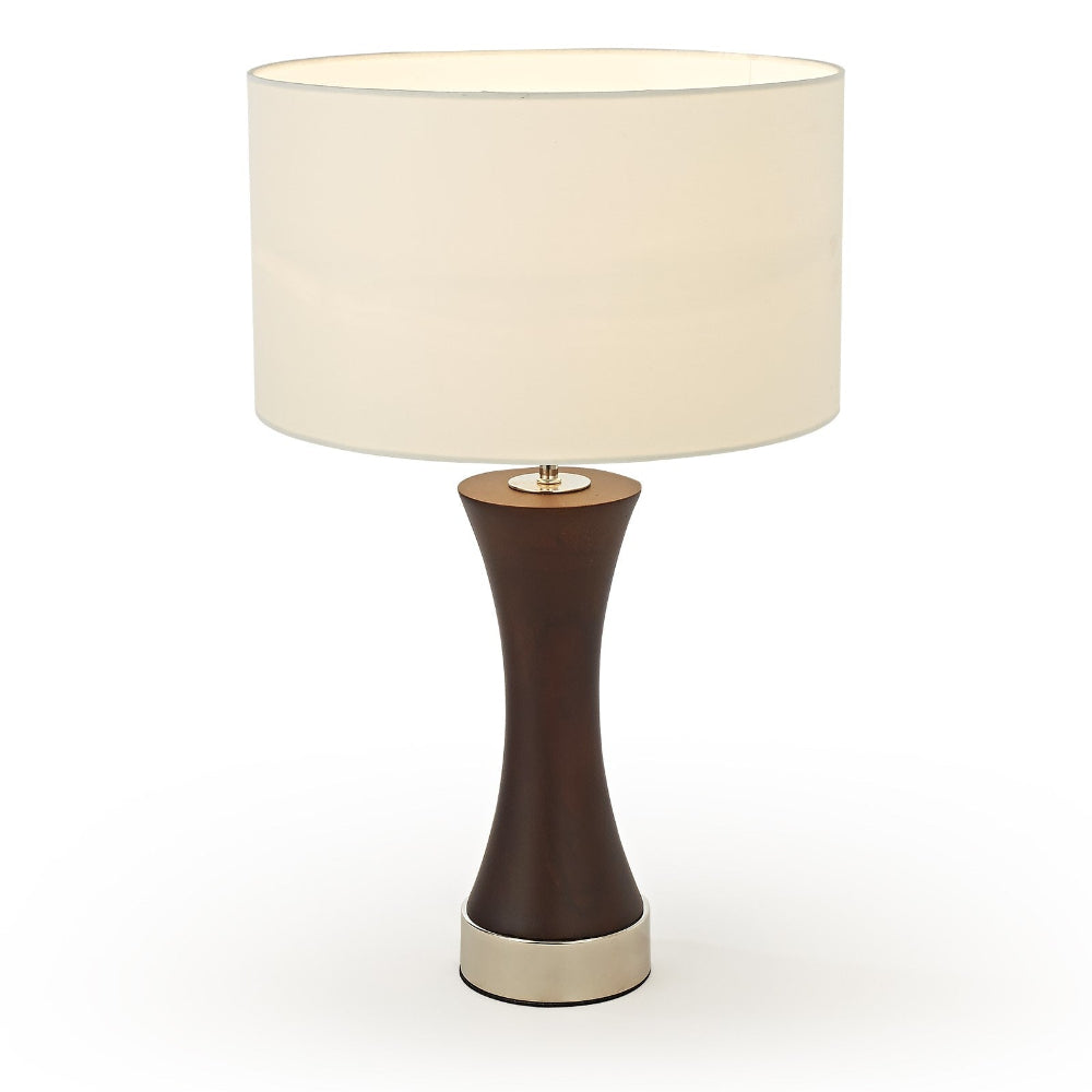 Table lamp with a brown base and beige shade on a white background