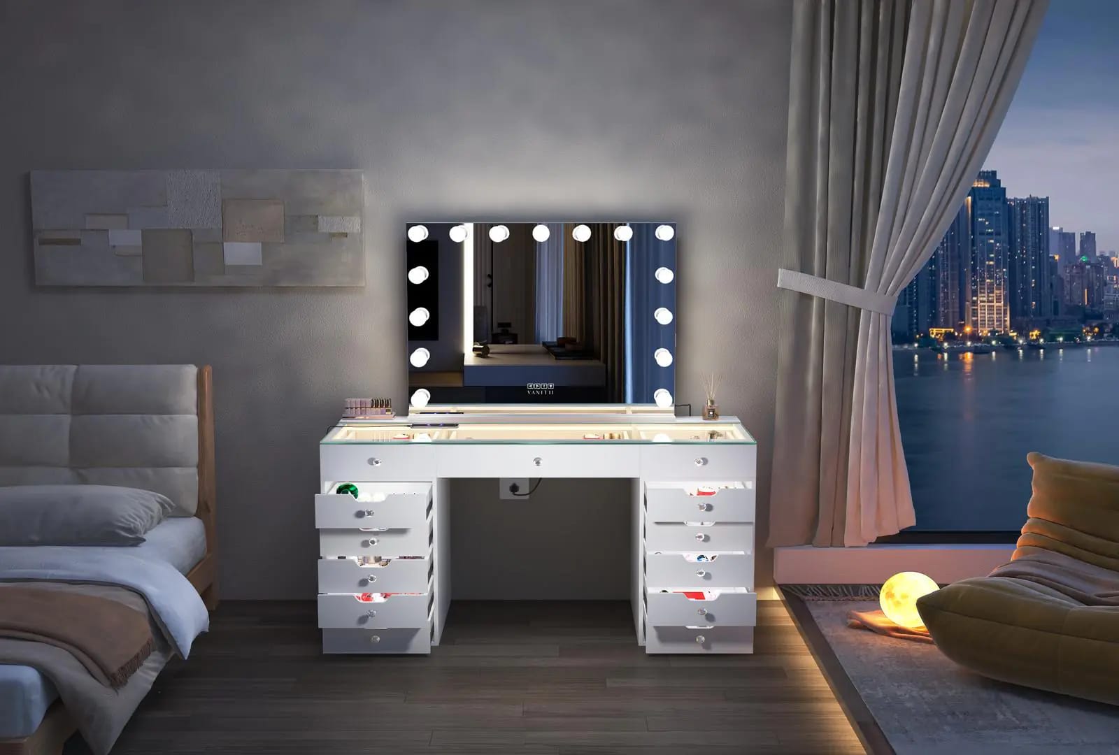 Modern bedroom with a vanity table and mirror with lights, cityscape view through window.